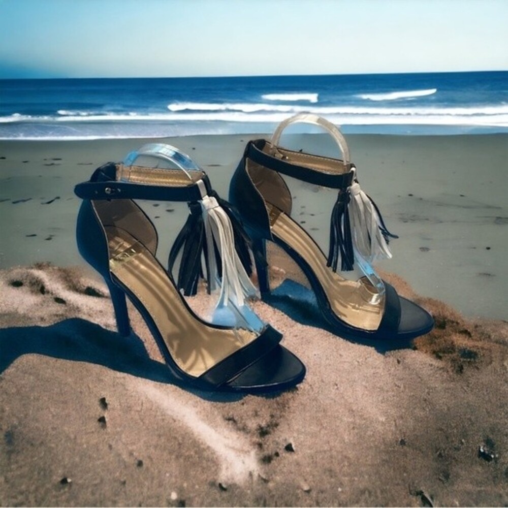 YOKI Tassel Black/White High Heel Strap Sandal -size 8.5